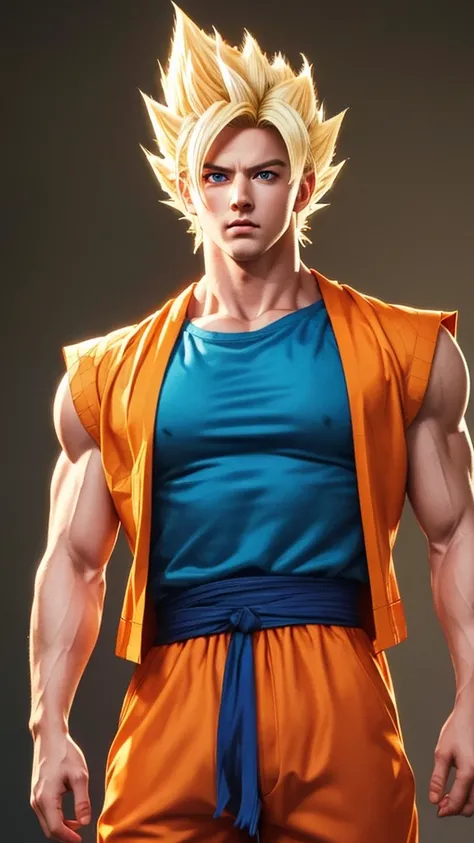 Masterpiece, Ultra realistic, 16k, high quality, incredibly detailed, dream aesthetic, dream atmosphere, pretty man. Tall. Son Goku (super saiyan) from Dragon Ball Z (Majin buu saga), shiny (pale-blond) hair, realistic pale-golden hair, messy spiky hair. T...