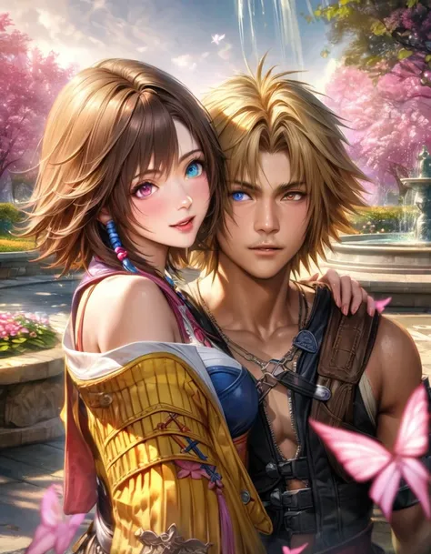 absurdres, highres, ultra detailed, HDR, master piece, ultra detailed picture, extremely detailed face and eyes, realistic face, Tidus, blond hair, expressive blue eyes, Final Fantasy X, Yuna, brown hair, heterochromia, left eye blue, right eye green, a ma...