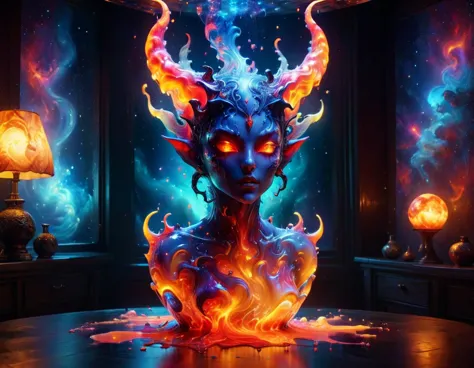 a lava lamp sits on a table, swirling melted wax forms the face of a beautiful demon succubus inside a transparent lava lamp, ne...