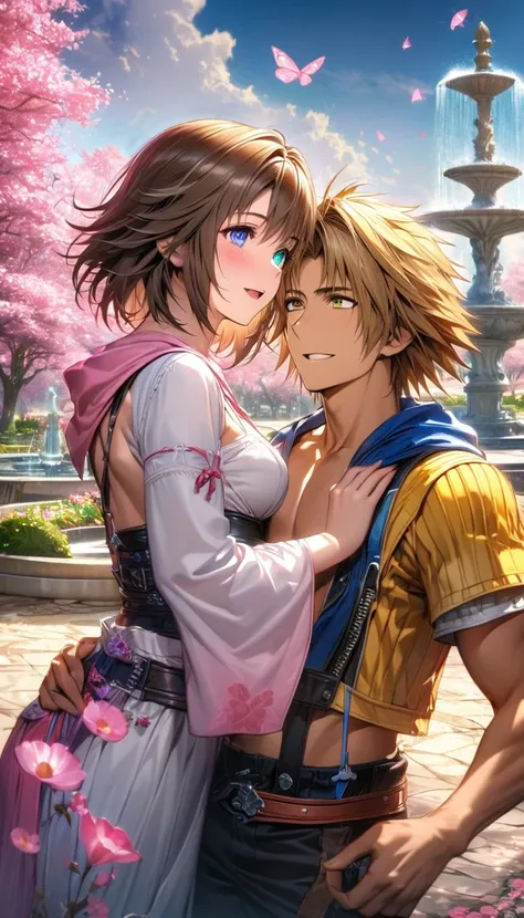 absurdres, highres, ultra detailed, HDR, master piece, ultra detailed picture, extremely detailed face and eyes, Tidus, blond hair, expressive blue eyes, Final Fantasy X, Yuna, brown hair, heterochromia, left eye blue, right eye green, a handsome man toget...