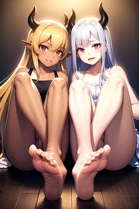 ((highest quality)), ((masterpiece)), (detailed), Perfect Face　Two Girls　Devils Ears　Devil horns　barefoot　detailedな足　detailedな足指　detailedな足裏　Sole　Realistic soles　5 toes　Hanging eyes　Brown Skin　Sunburned skin　Brown skin　White Hair　Gray Hair　Hold your foot　C...