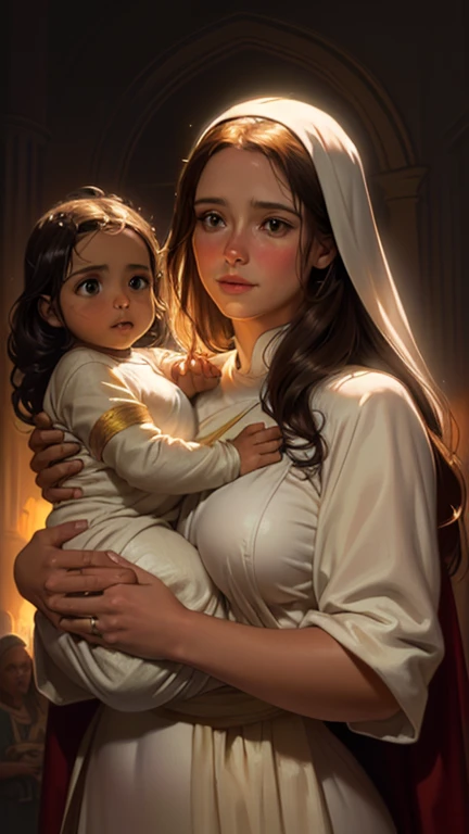 Arafed image of a woman holding the baby Jesus in her arms, by Pablo Munoz Gomez, por Marek Okon, Rob Rey, magali villeneuve&#39;, Virgin Mary, her dress is red and her cloak is cream.,the boy&#39;s dresses are white silk, artista grafica magali villeneuve...