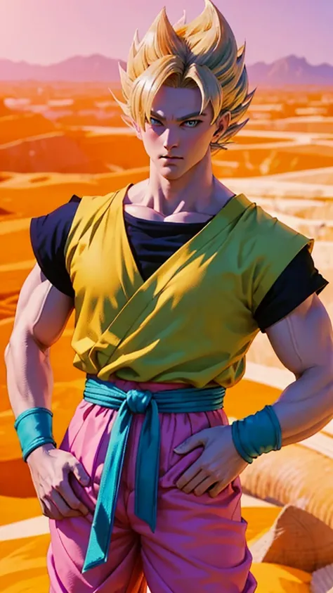 Masterpiece, Ultra realistic, 16k, high quality, incredibly detailed, dream aesthetic, dream atmosphere, pretty man. Tall. Son Goku (super saiyan) from Dragon Ball Z (Majin buu saga), shiny (pale-blond) hair, realistic pale-golden hair, messy spiky hair. T...