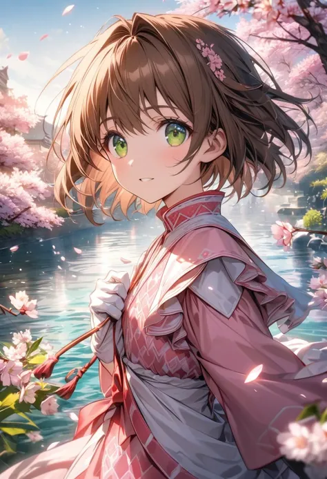 Ultra detailed, highres, absurdres, HDR, Kinomoto Sakura, brown short hair, expressive green eyes, pink dress with patterns, Sakura card captor, magical cards, cherry blossoms, blossoms, solo, extremely beautiful, extremely detailed face and eyes, white gl...