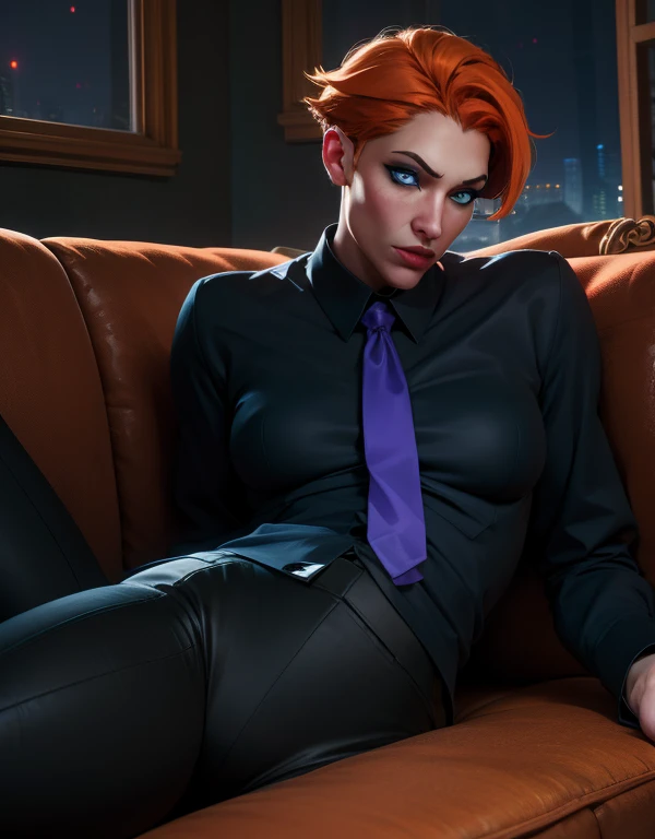 moria,heterochromia,short hair,orange hair,red eye,blue eyes,
black dress shirt,purple tie,black pants,
cozy home,couch,night,lounging,
(insanely detailed, masterpiece, best quality),solo,