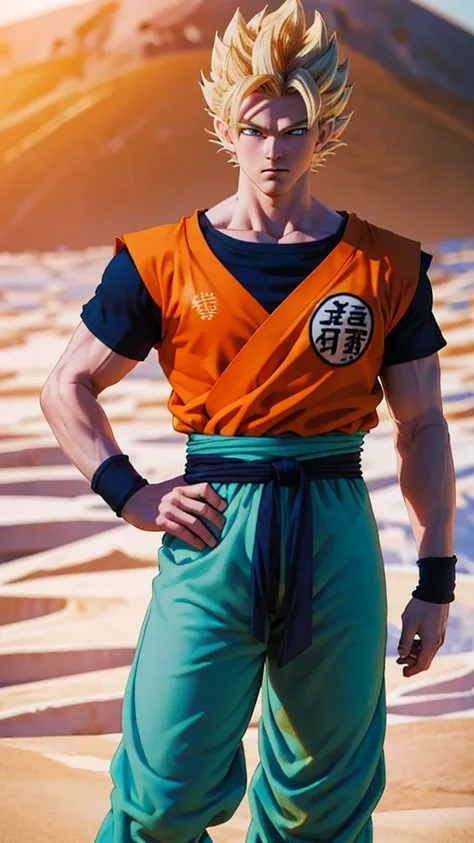 Masterpiece, Ultra realistic, 16k, high quality, incredibly detailed, dream aesthetic, dream atmosphere, pretty man. Tall. Son Goku (super saiyan) from Dragon Ball Z (Majin buu saga), shiny (pale-blond) hair, realistic pale-golden hair, messy spiky hair. T...