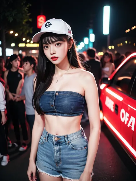 (1girl), solo, long_hair, wearing(strapless-white-shirt, denim-short, snapback-hat), photo(medium-shot), portrait, standing, pov, blurry_background, background(urban, neon, nightclub, outdoors), (photorealistic, absurdres, best_quality:1.55),