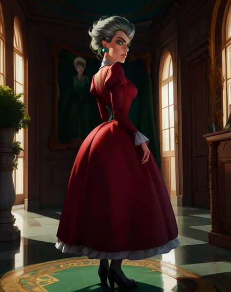 tremaine,green eyes,grey hair,large hair,
red dress,green gem,small earrings,
Full body,serious,looking at viewer,glowing eyes,
castle,indoors,dim lighting, back view 
(insanely detailed, masterpiece, beautiful face,  best quality),solo,