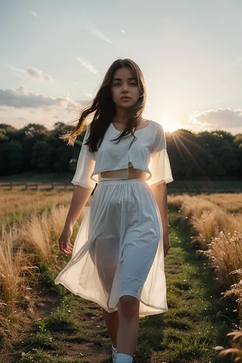 A young beautiful girl in white clothes walks across a field in the early morning in the rays of the sun.. 