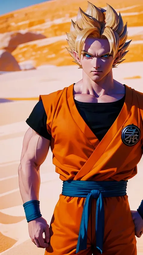 Masterpiece, Ultra realistic, 16k, high quality, incredibly detailed, dream aesthetic, dream atmosphere, pretty man. Tall. Son Goku (super saiyan) from Dragon Ball Z (Majin buu saga), shiny (pale-blond) hair, realistic pale-golden hair, messy spiky hair. T...