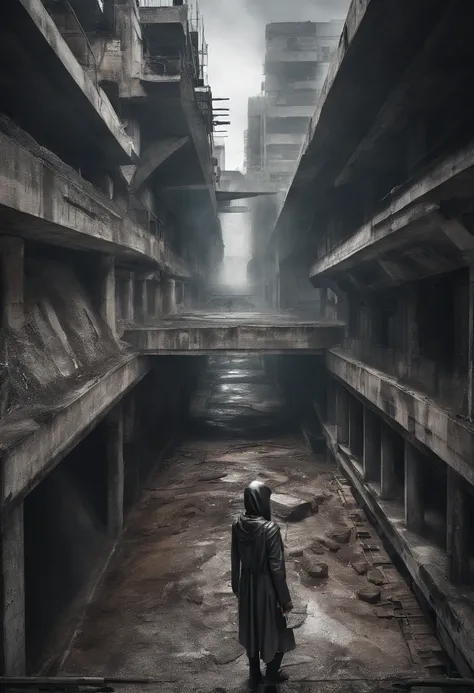 image taken from above and behind the shoulder of a dirty GIRL with her back turned and DRESSED IN a dirty HOOD from a second floor balcony of a dilapidated futuristic building, she is looking at an ultra futuristic wide and tall wall with 2 giant tunnels ...