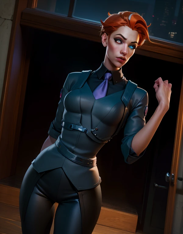 moria,heterochromia,short hair,orange hair,red eye,blue eyes,
black dress shirt,purple tie,black pants,
cozy home,night,standing, hands up,
(insanely detailed, masterpiece, best quality),solo,