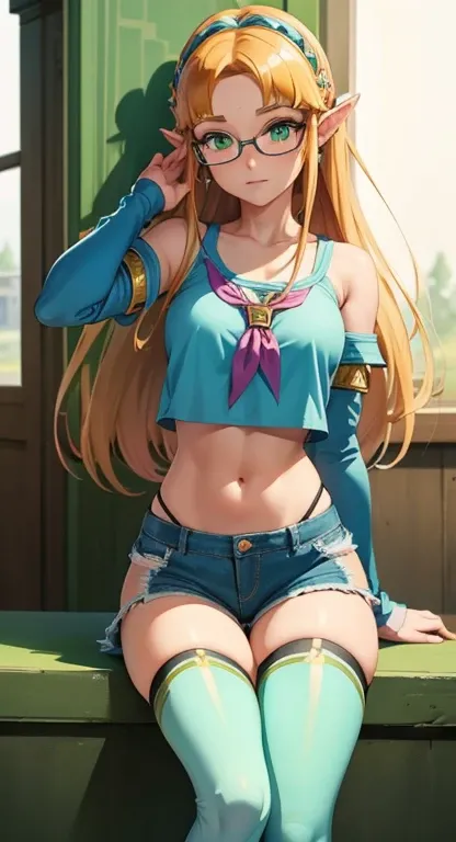 masterpiece, best quality, solo, princess Zelda, green eyes, crop top, denim shorts, school, thigh highs, pervert, dainty, glasses