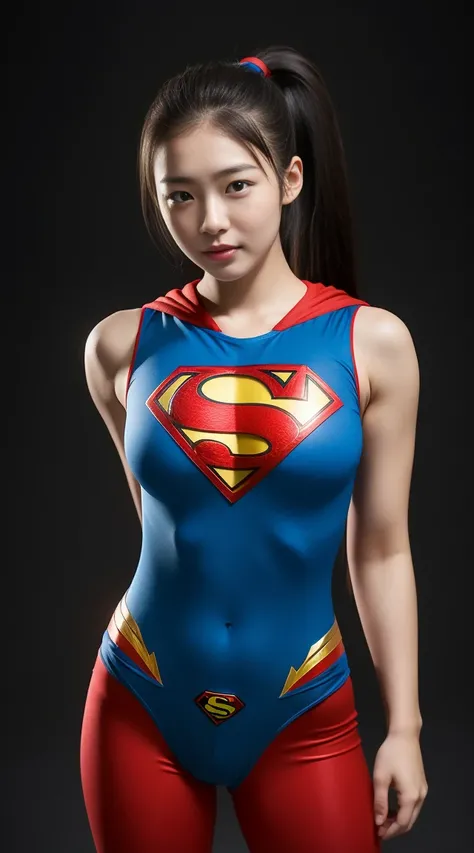 1 Same Girl, Beautiful, Baby Face, fat body, 20 Yearsold Korean Girl, Ponytail, Realistic Armory Set Colourful Superman Gear Outfit, Gigantic Breast, Muscle, White Skin, Happy, Dark City Background, Perfect Action, Sleeveless, Posing For A Picture