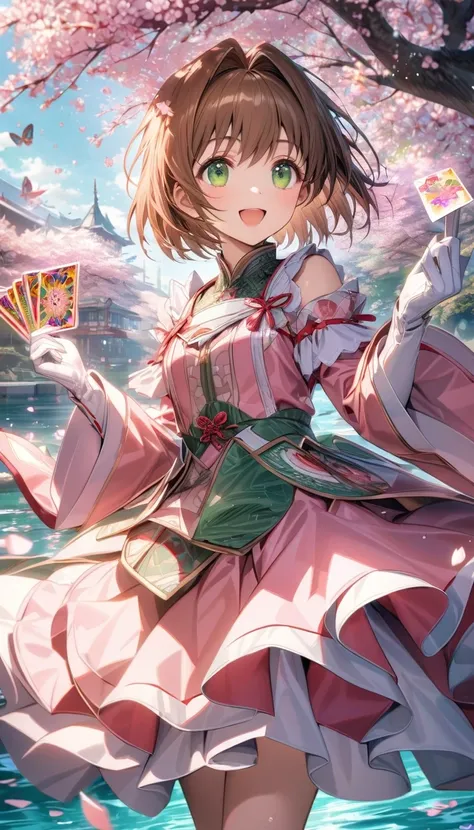 Ultra detailed, highres, absurdres, HDR, Kinomoto Sakura, brown short hair, expressive green eyes, pink dress with patterns, Sakura card captor, holding magical cards, cherry blossoms, blossoms, solo, extremely beautiful, extremely detailed face and eyes, ...