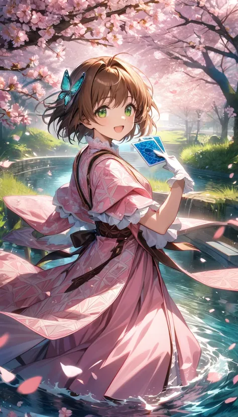 Ultra detailed, highres, absurdres, HDR, Kinomoto Sakura, brown short hair, expressive green eyes, pink dress with patterns, Sakura card captor, holding magical cards, cherry blossoms, blossoms, solo, extremely beautiful, extremely detailed face and eyes, ...