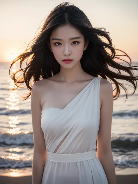 1 girl,kawaii,Detailed face,looking at the audience,focus,masterpiece,best quality, high resolution,8k,complex,elegant,Very detailed,Dynamic lightingBREAKLong hair flows elegantly in the gentle sea breeze,The fading sunlight casts warmth, The ethereal ligh...