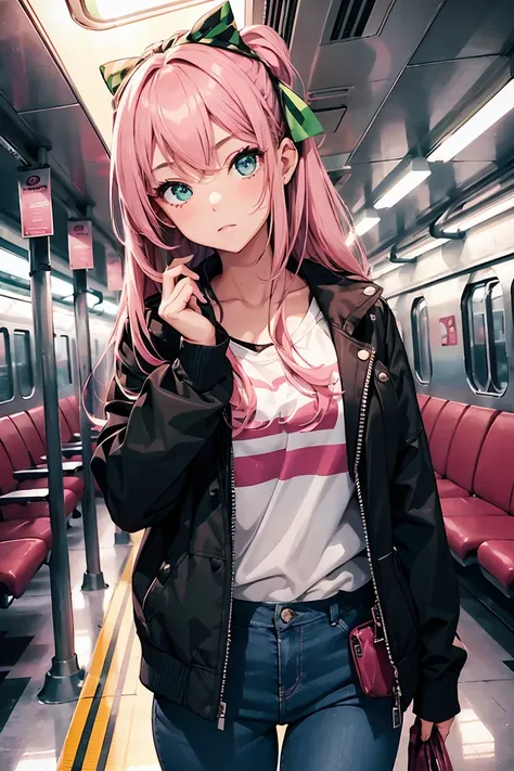 ((1 girl)), on the train, Open your mouth, blush, Latest Fashion Trends, Street fashion,Jacket, Open chest,Cool look, Fashionable skirts,Relaxed pose,Cowboy Shot,((Very detailed,highest quality, High resolution, 8k wallpaper, Beautiful clothes,)),((Pink Ha...