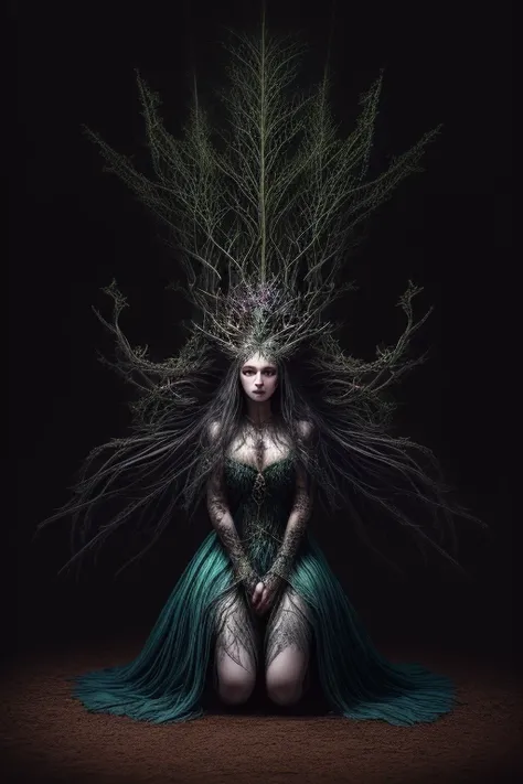 HighestQuali，tmasterpiece：1.2，Detailed details，Full body image of a beautiful forest witch in a decorative dress, Witch fashion, kneels on the ground，dynamicposes, fairy lights, Hyperrealistic, hyper-maximalist, insanely details, 4K