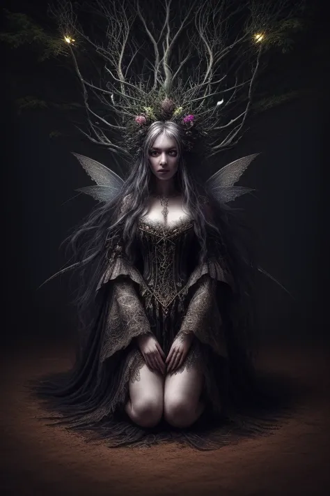 HighestQuali，tmasterpiece：1.2，Detailed details，Full body image of a beautiful forest witch in a decorative dress, Witch fashion, kneels on the ground，dynamicposes, fairy lights, Hyperrealistic, hyper-maximalist, insanely details, 4K