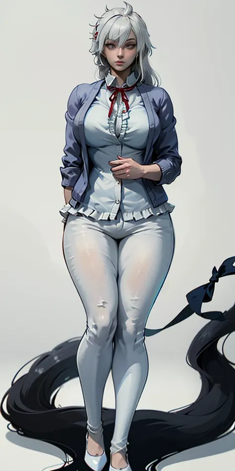 ((casual-style)), 1girl, solo, white hair, shirt, red ribbon, ribbon, looking at viewer, long hair, full body, white eyes, white shirt, grey eyes, hair between eyes, neck ribbon, collared shirt, cardigan, closed mouth, expressionless, jacket, simple backgr...