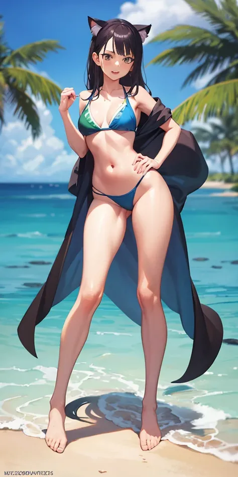 1 GIRL FULL BODY, STANDING STRAIGHT, a cartoon image of a woman in a bikini and cat ears, senna from league of legends, nico robin, cushart kenz, nami from one piece, nami one piece, monokini, full body picture, full body concept, cushart krenz, commission...