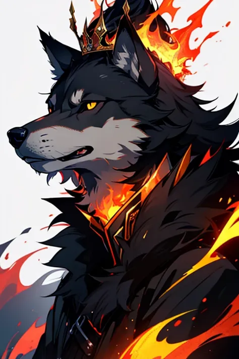 Wolf, black background, on fire,wearing a crown,logo