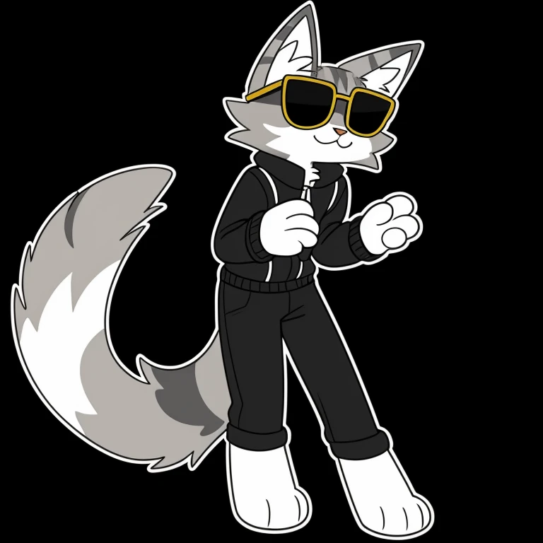 grey tabby cat illustration, very fluffy fur、male、black jacket、Black eyes、Long black pants、Physical Normality、age14、Heavy cartoony eyes、long-sleeve、Waist-length clothing、doodle, black background, neck fluff, grey tabby cat tail, paws, sunglasses, white out...