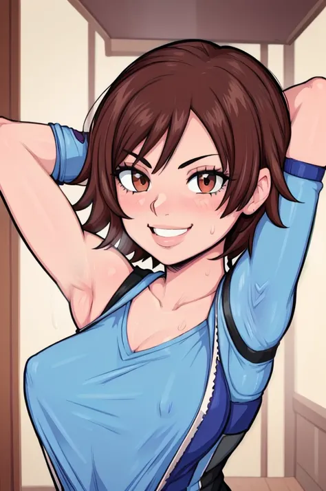 masterpiece, best quality, asuka kazama, looking at viewer, very large breasts, upper body, portrait, looking at viewer, seductive smile,put your hands behind your head, armpits, armpits visible, sweaty armpits,