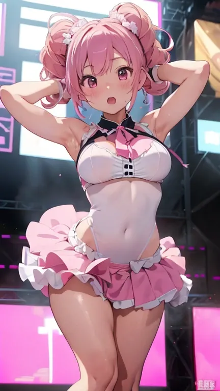 masterpiece、highest quality、Very detailed、Photograph the upper body、1 female、(Put your arms behind your back:1.4)、Are standing、Turn your body forward、View your viewers、(pink idol costume)、break,blush、shy、Pink Hair、Open your mouth、stage、Big Breasts、