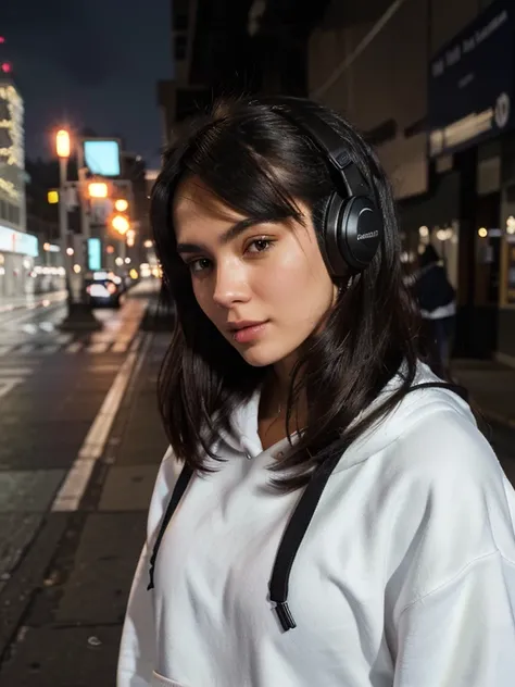 there is a woman taking a selfie on a street at night, with headphones, with head phones, taken in 2 0 2 0, taken in 2022, photo taken in 2 0 2 0, at nighttime, perfectly lit face, profile picture 1024px, in the city, black haired girl wearing hoodie, beau...