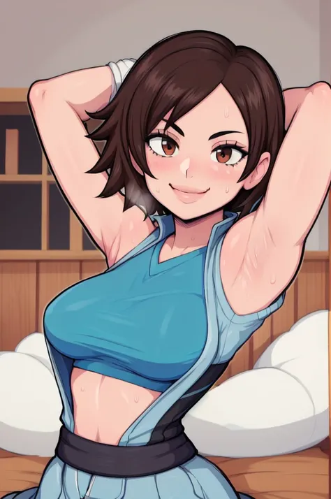 masterpiece, best quality, asuka kazama, looking at viewer, very large breasts, upper body, portrait, looking at viewer, seductive smile,put your hands behind your head, armpits, armpits visible, sweaty armpits,