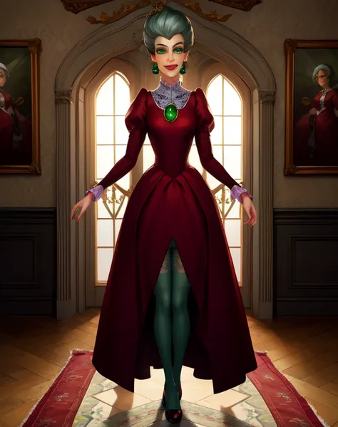 tremaine,green eyes,grey hair,large hair,
red dress,green gem,small earrings,
full body,serious,looking at viewer,glowing eyes, ...