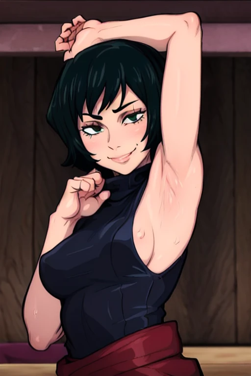 masterpiece, best quality, mai zenin, looking at viewer, green hair, large breasts, upper body, portrait, looking at viewer, seductive smile,both hands raised, armpits, armpits visible, sweaty armpits,