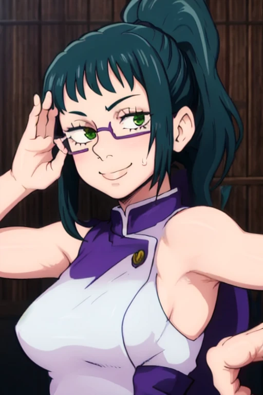 masterpiece, best quality, maki zenin, looking at viewer, green hair, large breasts, upper body, portrait, looking at viewer, seductive smile,both hands raised, armpits, armpits visible, sweaty armpits, wearing glasses