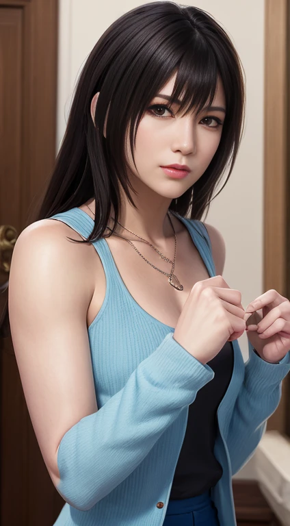 rinoa, blue duster, blue wristbands, holding necklace, half body, unparalleled masterpiece, ultra realistic 8k cg, perfect artwo...