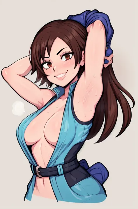 masterpiece, best quality, asuka kazama, looking at viewer, very large breasts, upper body, portrait, looking at viewer, seductive smile,put your hands behind your head, armpits, armpits visible, sweaty armpits,