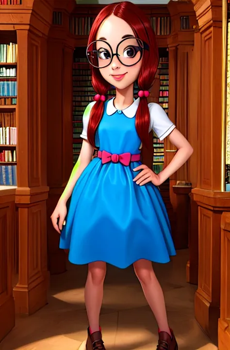 gretchen,black eyes,large glasses,low twintails,buck teeth,
blue dress,short sleeves,
smile,standing,
library, full body,
(insanely detailed, beautiful detailed face, masterpiece, best quality),solo,