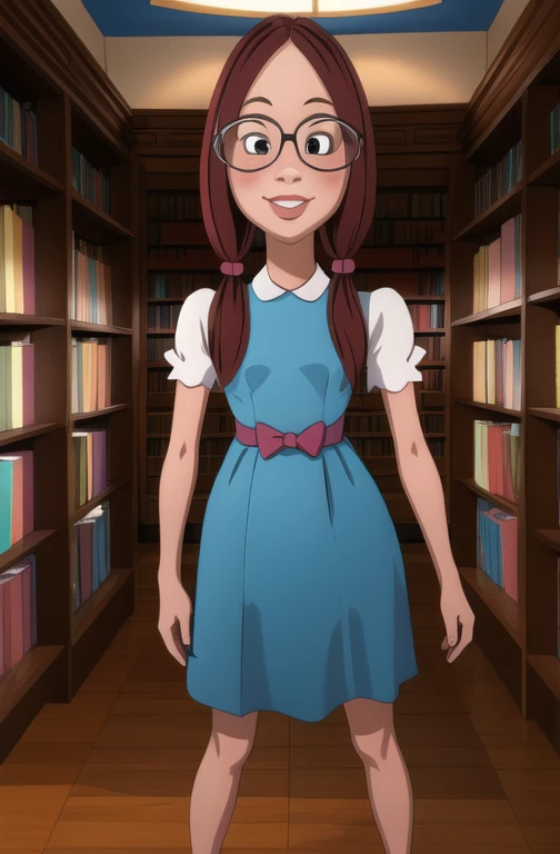 gretchen,black eyes,large glasses,low twintails,buck teeth,
blue dress,short sleeves,
smile,standing,
library, full body,
(insanely detailed, beautiful detailed face, masterpiece, best quality),solo,