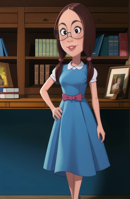 gretchen,black eyes,large glasses,low twintails,buck teeth,
blue dress,short sleeves,
smile,standing,
library, full body,
(insanely detailed, beautiful detailed face, masterpiece, best quality),solo,