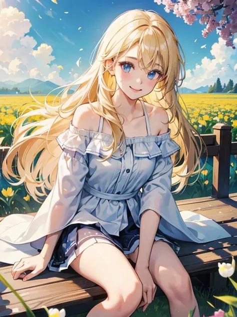 Smiling with eyes and mouth open、Sitting in the flower park、knee up、One pretty blonde girl。She had her long hair blowing in the wind、Surrounding flowers々Surrounded by the scent of。That smile is、As warm as the spring sunshine、Gives a pleasant feeling of hap...