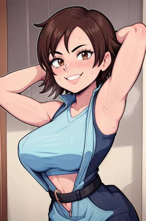 masterpiece, best quality, asuka kazama, looking at viewer, very large breasts, upper body, portrait, looking at viewer, seductive smile,put your hands behind your head, armpits, armpits visible, sweaty armpits,