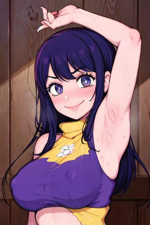 masterpiece, best quality, hoshino ai, looking at viewer, very large breasts, upper body, portrait, looking at viewer, seductive smile,put your hands behind your head, armpits, armpits visible, sweaty armpits,