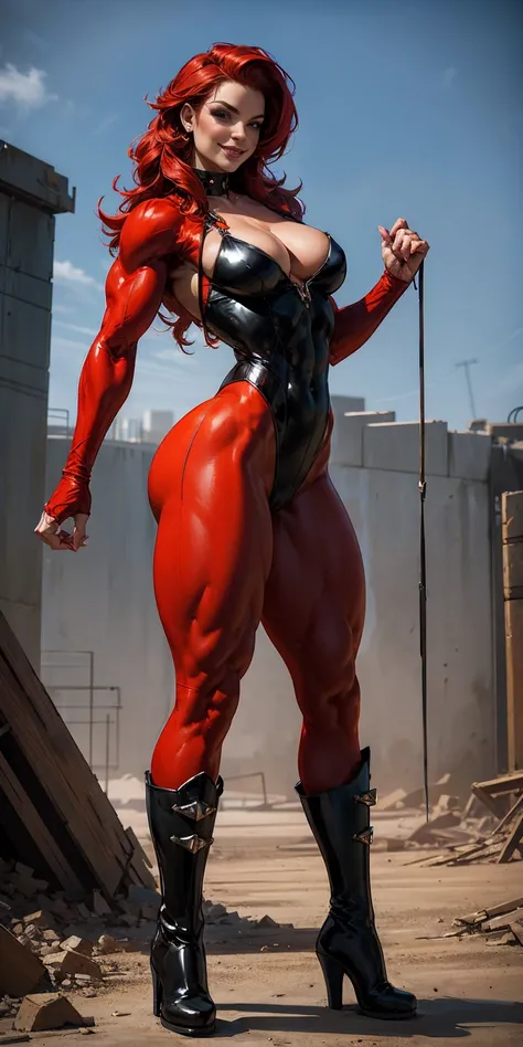 full body standing good face, nice ass, red spiky hair, beautiful woman, wide hips, cleavage, jumpsuit, leotard, heavy boots, apocalypse, muscular, thighs, mature woman, abs, looks at the viewer, lustful smirking smile face red blush