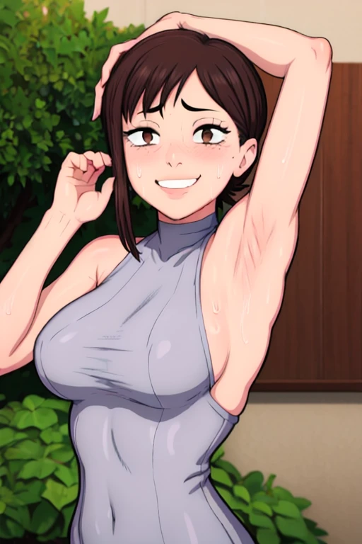 masterpiece, best quality, kobeni, looking at viewer, very large breasts, upper body, portrait, seductive smile,put your hands behind your head, armpits, armpits visible, sweaty armpits, backround on garden, wearing crotop