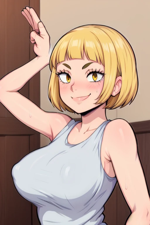 masterpiece, best quality, saeko tanaka, looking at viewer, yellow hair, yellow eyes color, very large breasts, upper body, portrait, seductive smile,both hands raised, armpits, armpits visible, sweaty armpits, wearing white tanktop,