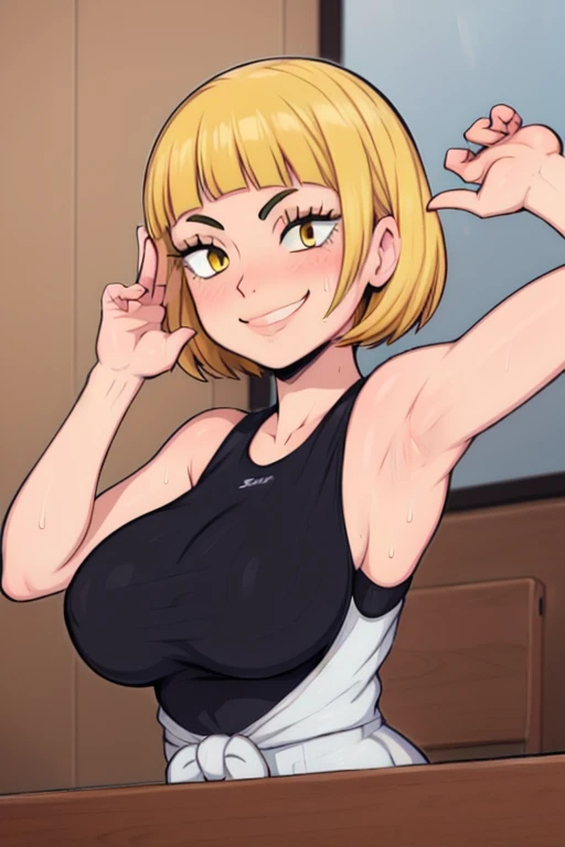 masterpiece, best quality, saeko tanaka, looking at viewer, yellow hair, yellow eyes color, very large breasts, upper body, portrait, seductive smile,both hands raised, armpits, armpits visible, sweaty armpits, wearing white tanktop,