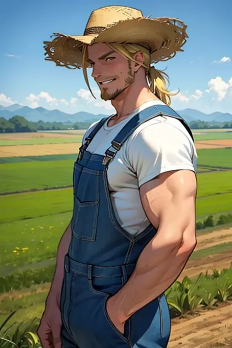 white male, farmland background, farmers hat, muscles, muscular, overalls, blonde hair, perfect face, smirking, 4k, anime-style, facial hair, masculinity, grasslands