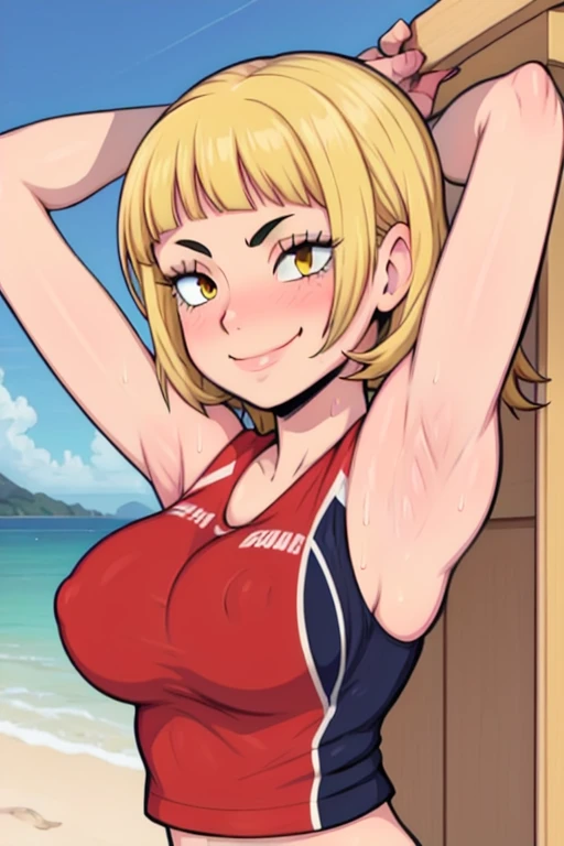 masterpiece, best quality, saeko tanaka, looking at viewer, yellow hair, yellow eyes color, very large breasts, upper body, portrait, seductive smile,put your hands behind your head, armpits, armpits visible, sweaty armpits, wearing beach volleyball unifor...