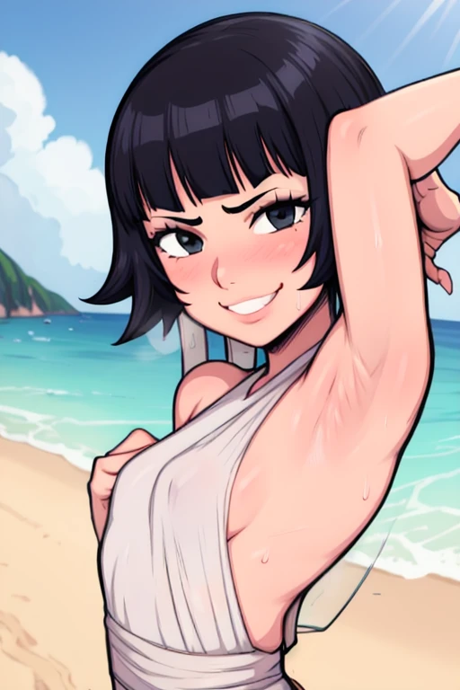 masterpiece, best quality, soifon, looking at viewer, short black hair, very small breasts, upper body, portrait, seductive smile,both hands raised, armpits, armpits visible, sweaty armpits, backround on beach